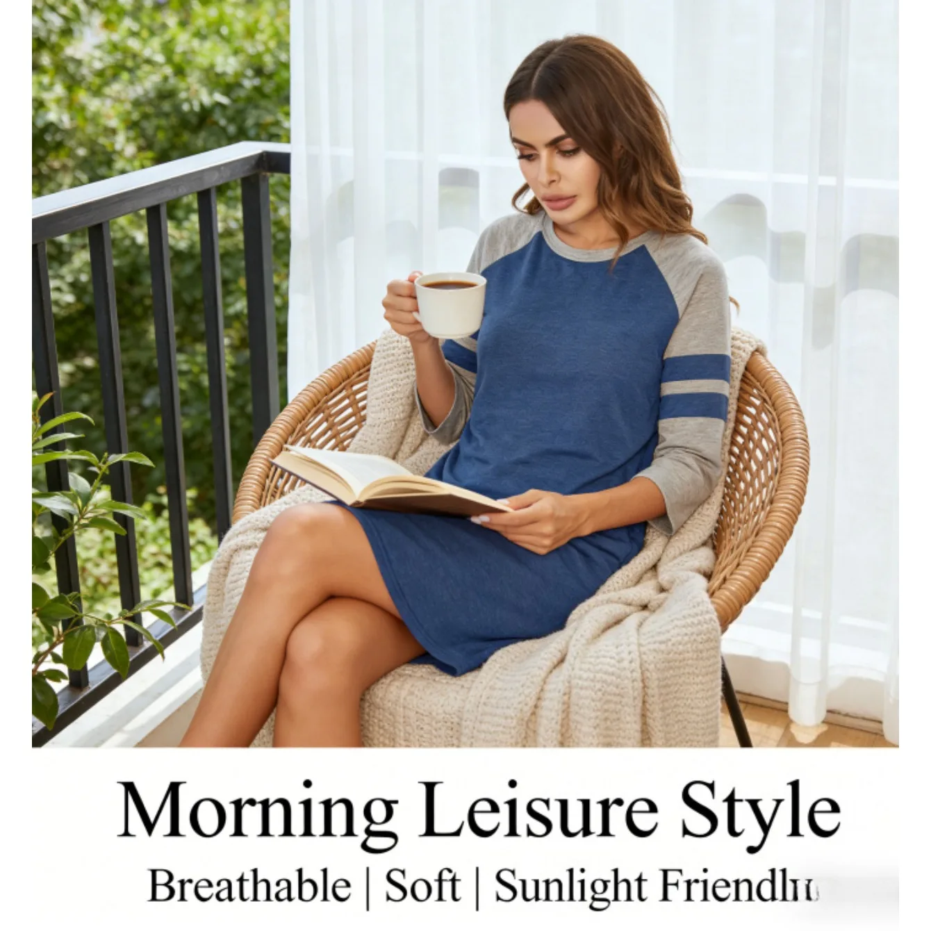 

Womens European American Color Block Striped Nightgown Breathable Summer Home Leisure Loose Pajamas