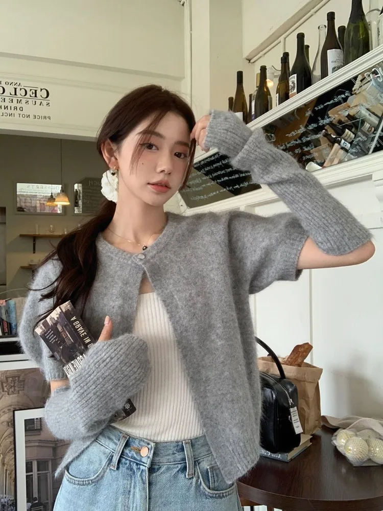 Słodki różowy sweter damski sweter koreański styl stare pieniądze elegancka jesienna odzież wierzchnia kokietka Casual bufiaste rękawy dzianina