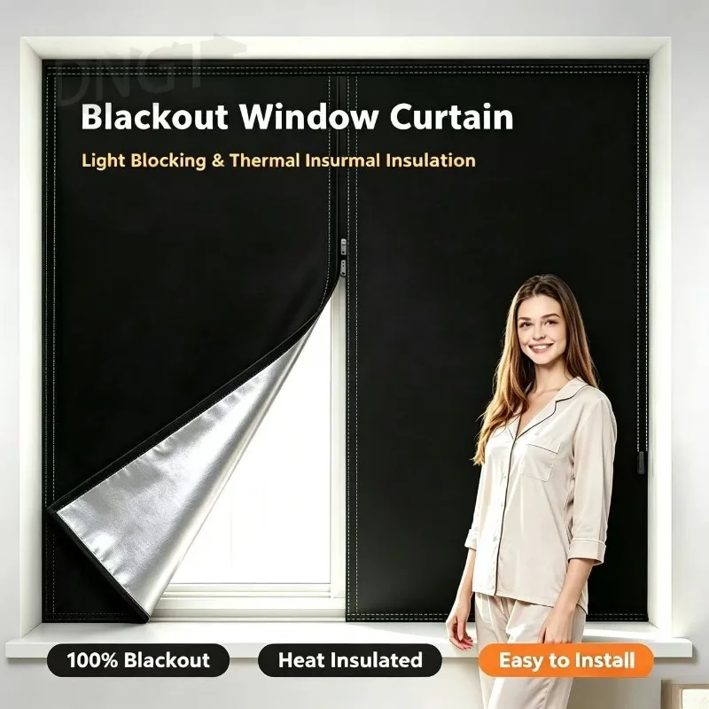 1 Piece of Black Velcro Blackout Curtain, Self-adhesive Zipper Design,2026 New Heat Insulation and UV Protection,Easy To Install