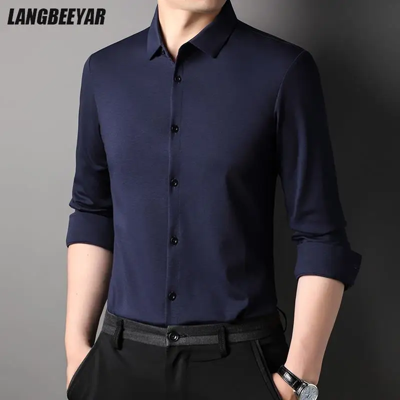 Chemises en soie de mûrier de qualité supérieure pour hommes, coupe cintrée, marque de luxe de styliste, vêtements à manches longues, simples et