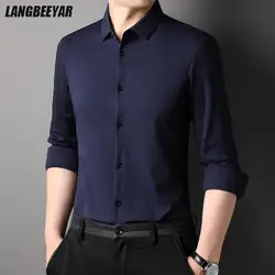 Top Grade Mulberry Silk 5.2% New Slim Fit Fashion Designer Brand Luxury Men Shirts 2023 Long Sleeve Plain Casual  Mens Clothes