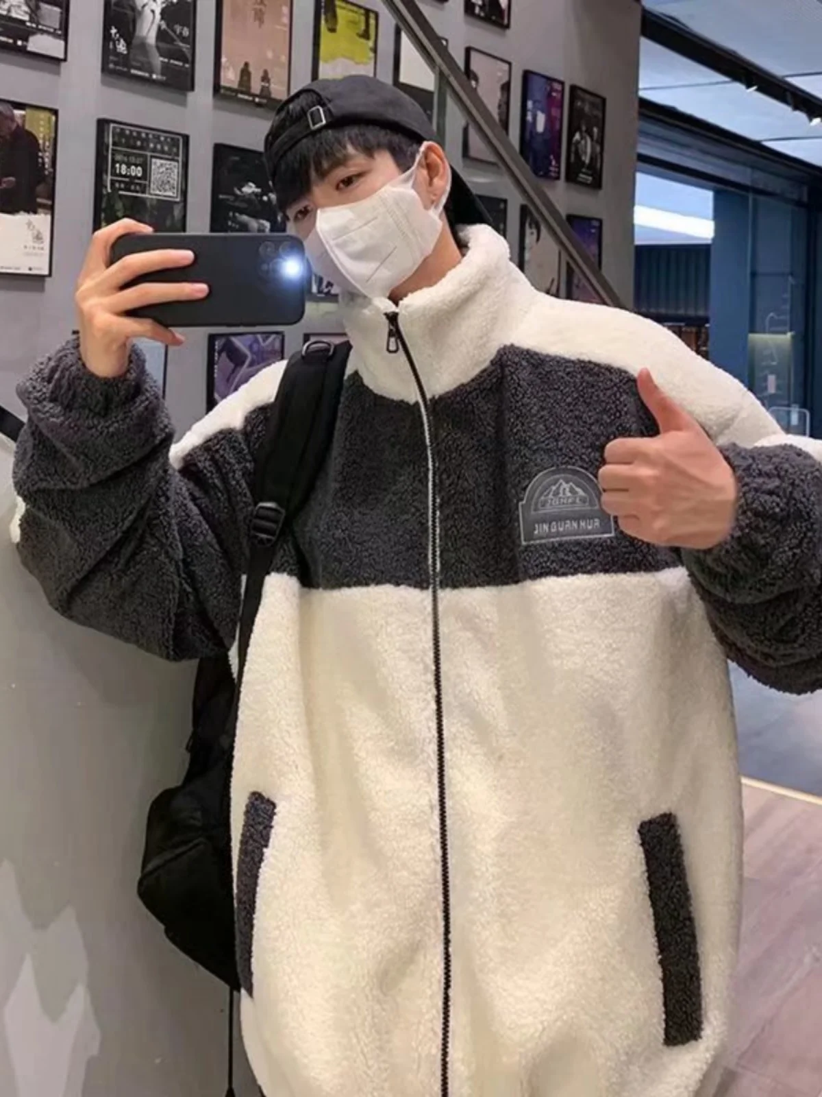 

Lamb Velvet Cotton Jaet Men's Trendy Loose Winter Youth Thiened Hooded Color Blo Cotton Coat Casual CleanFit Sle