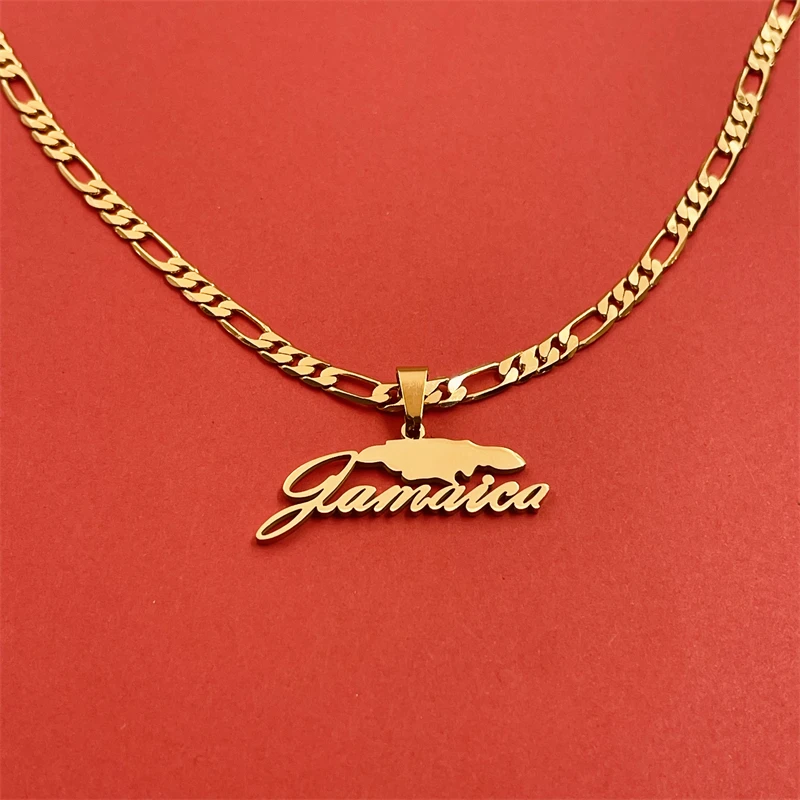 Jamaica map silhouette letter pendant necklace, Figaro chain, personalized national sentiment accessory