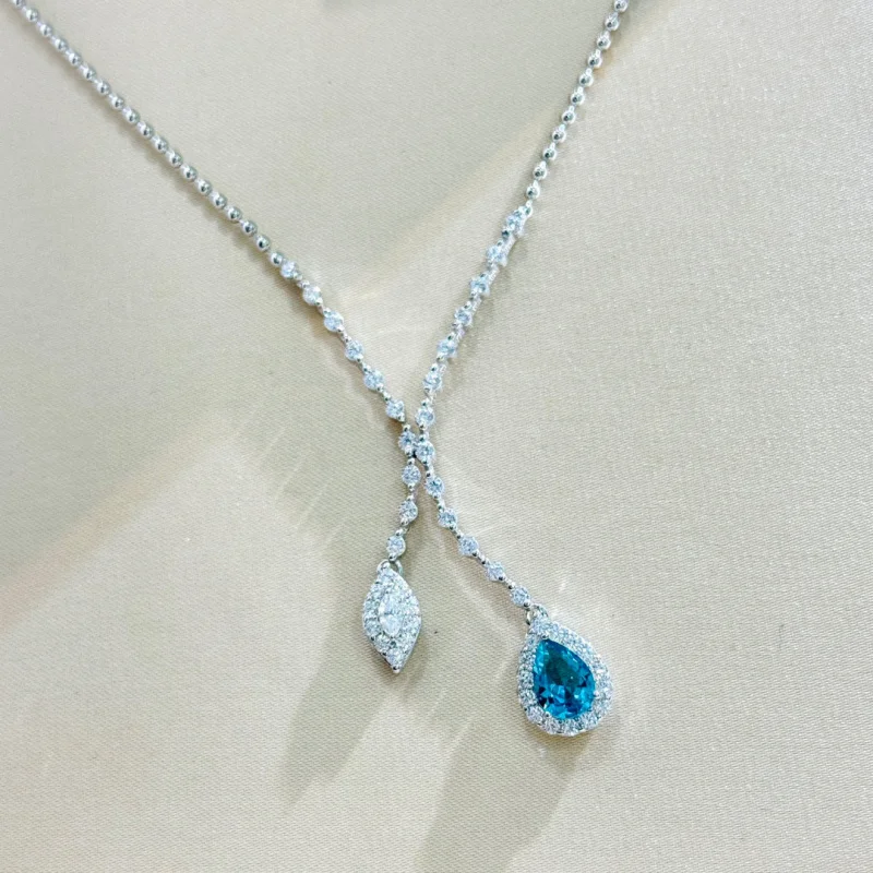 S925Silver Full Diamond Artificial Diamond Seiko High-Grade Feeling Mermaid Tears Aquamarine Tassel Necklace Clavicle Chain Fema