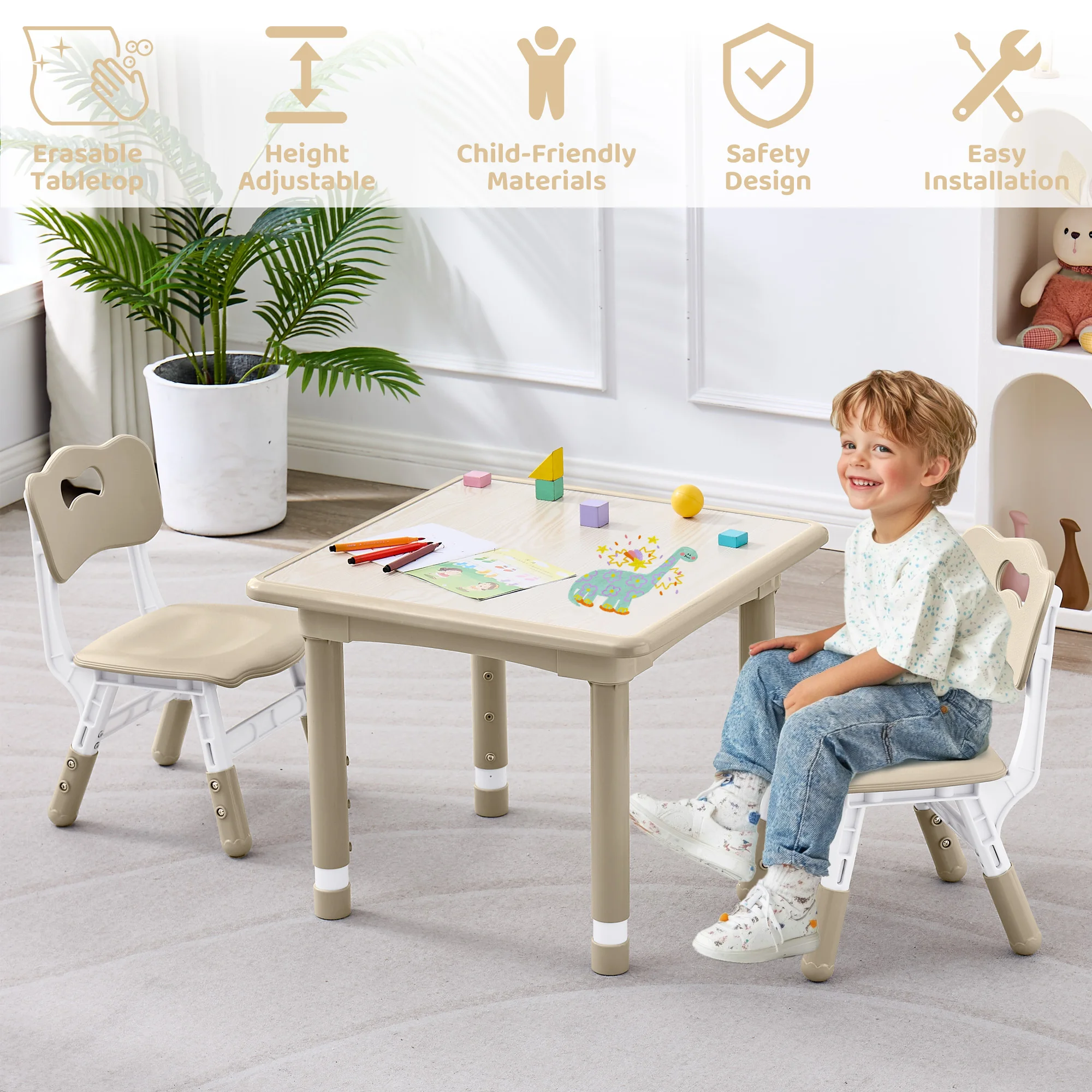 Kids Table And 2 Chairs Set Height Adjustable for Ages 2-8 Non-Slip Wipe-Clean Montessori Learning Art Drawing Desk with 2 Chairs for Home Preschool view 7