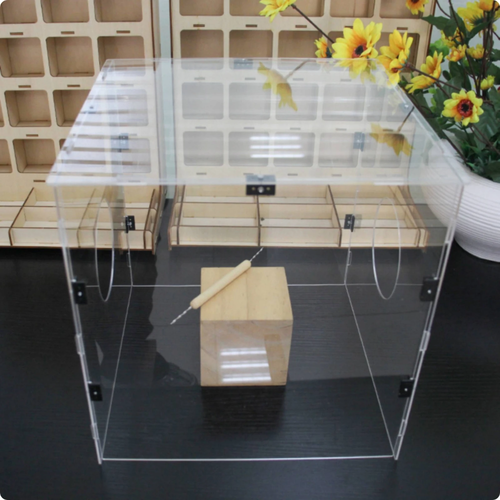 Snap-Together Acrylic Box with Side Hand Openings Reusable Modular Acrylic Dust Booth Figure Storage Display Case Long-Lasting