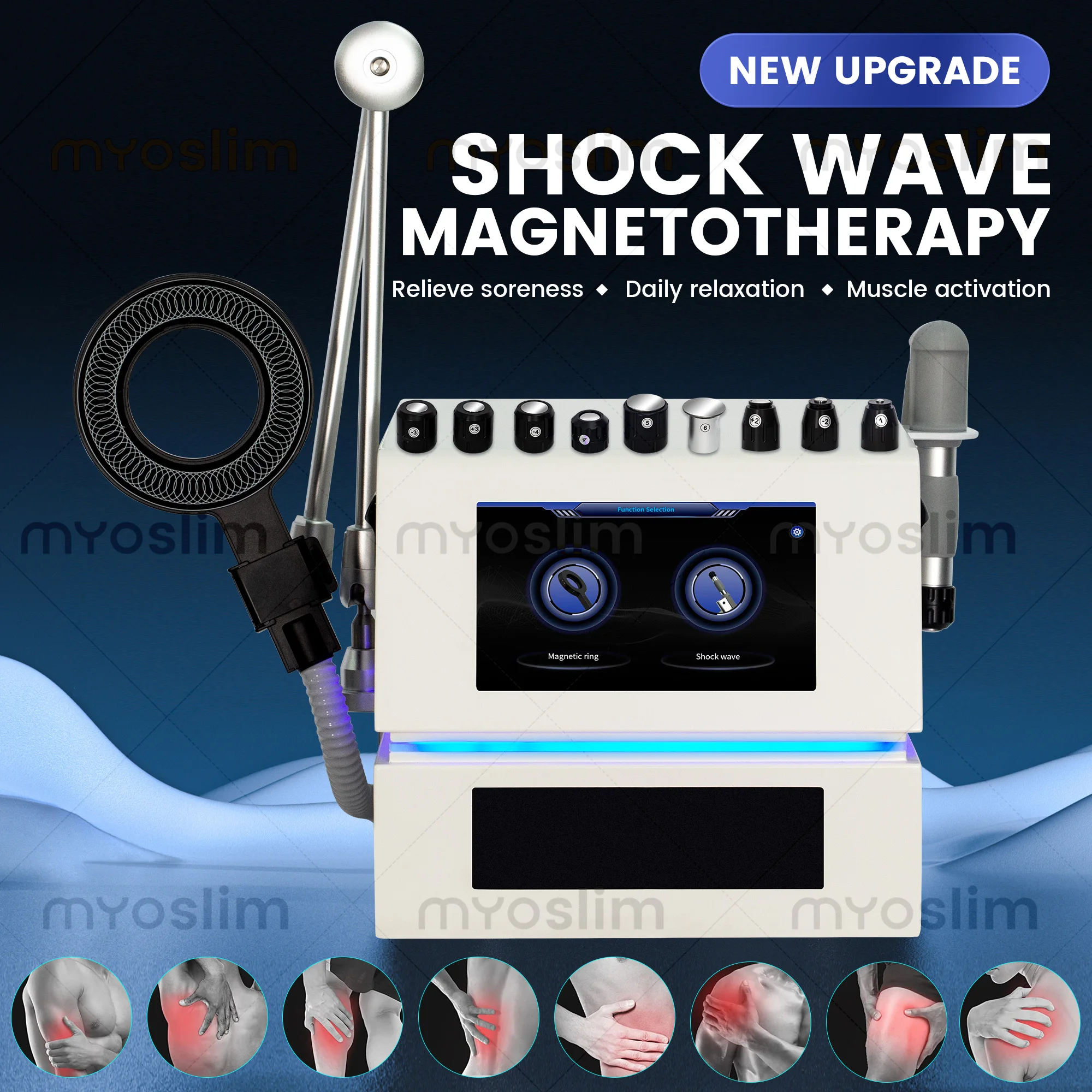 Myoslim Pemf Magnetic Ring Shock Wave Desktop Muscle Care System 300Khz 9 Heads Dual Handle Hd Touch Screen Commercial Salon Spa