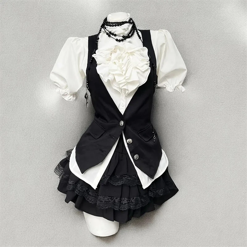 

Sweet Preppy 3 Piece Set :ruffle Shorts Sleeve Blouse+Black Button Vest+High Waist Lace Tiered Skirt Heavy Academic Outfit