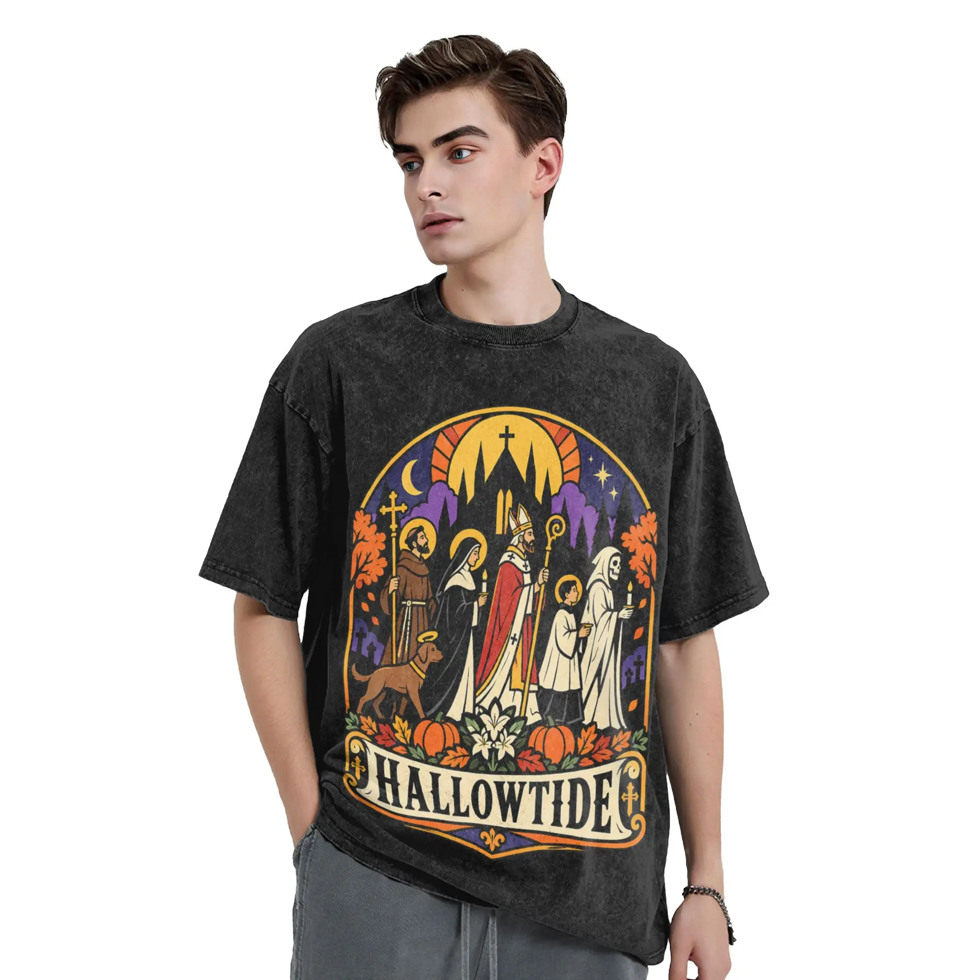 Hallowtide All Saints Day Christian Catholic Hallows Eve Cotton T Shirts  for Men's Summer Y2K Retro Print Short Sleeve Tees