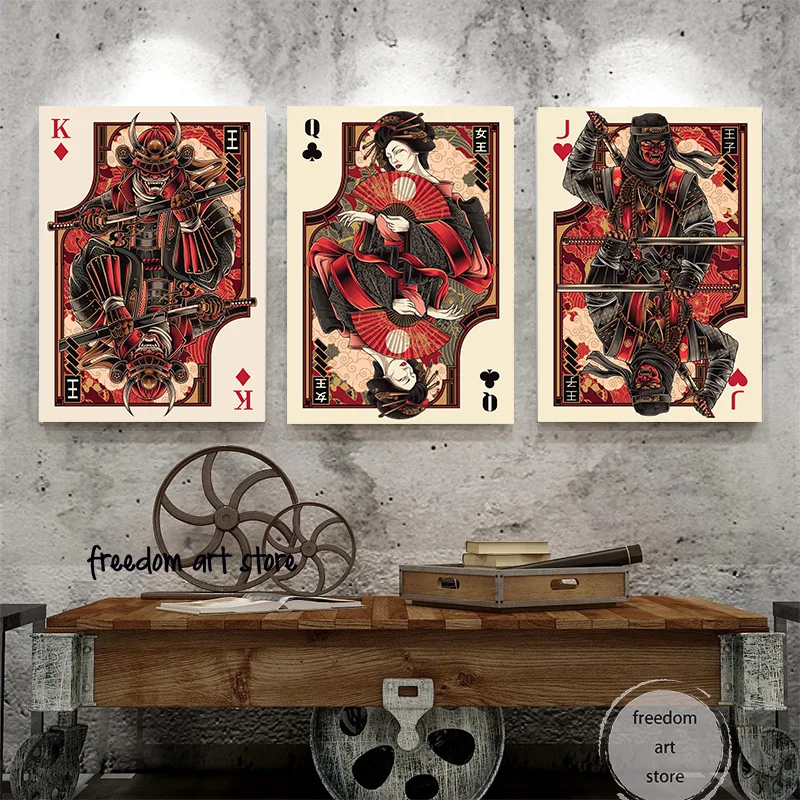 Japanese Poker Style Samurai Queen of Spades Queen of Hearts Ninja Art Poster Canvas Painting Wall Print Picture Room Home Decor