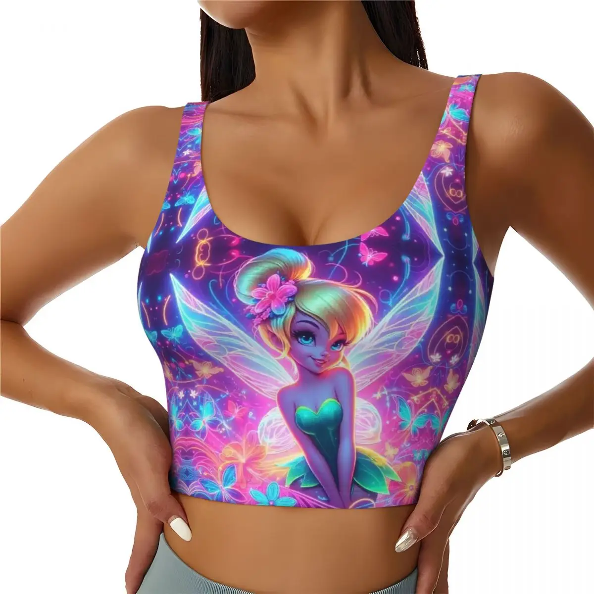 

Custom Tinkerbell Cartoons Print Fashion High Impact Sports Bras Women's Seamless Workout Yoga Crop Tank Tops