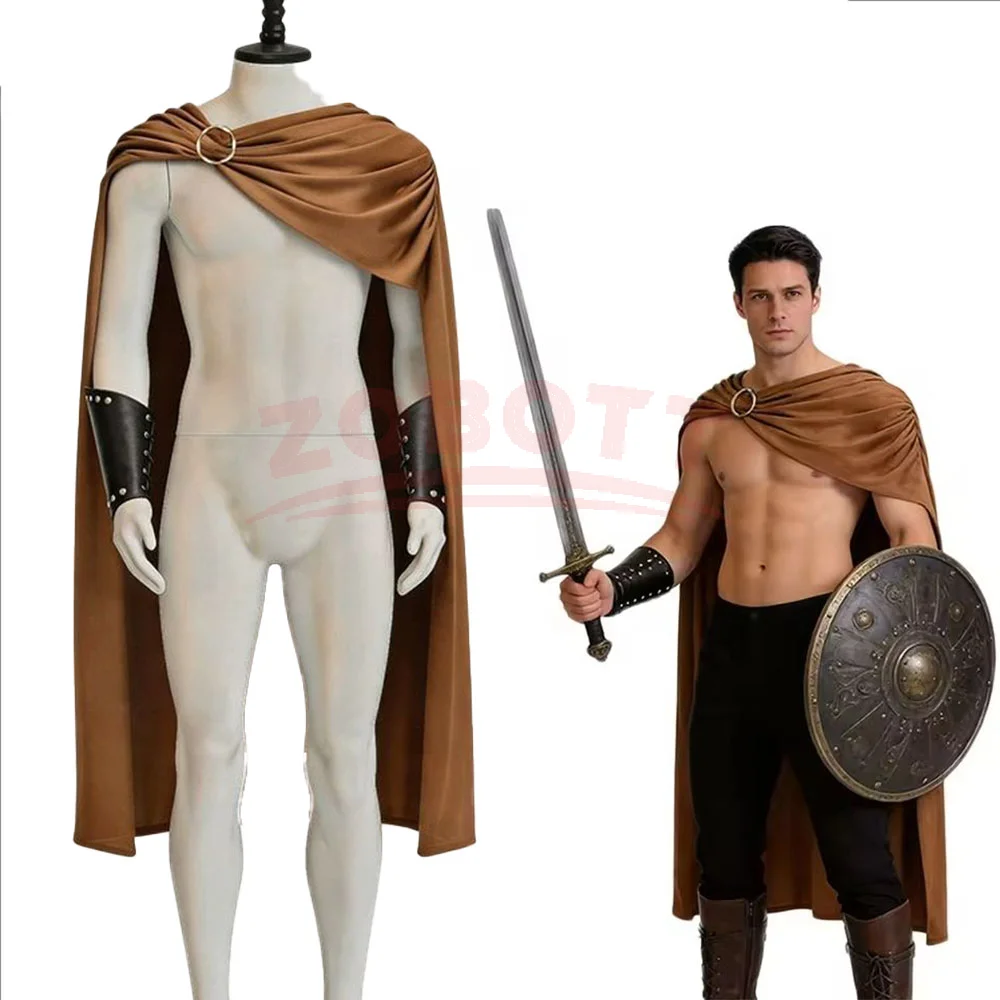 Römischer Ritter Spartaner Cosplay Umhang Handgelenkschutz Kostüm Outfits Halloween Verkleidung Schwarz Rot Braun Umhang Kleidung Karneval Party