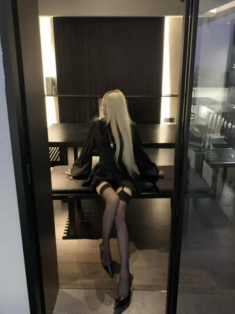 Vintage Lange Mouw Vrouwen Jurk Retro Shirt Slim Fit Taille Ontwerp A-lijn Punk Korte Rok Elegante Y2k Lente 2025, Mode Nieuwe