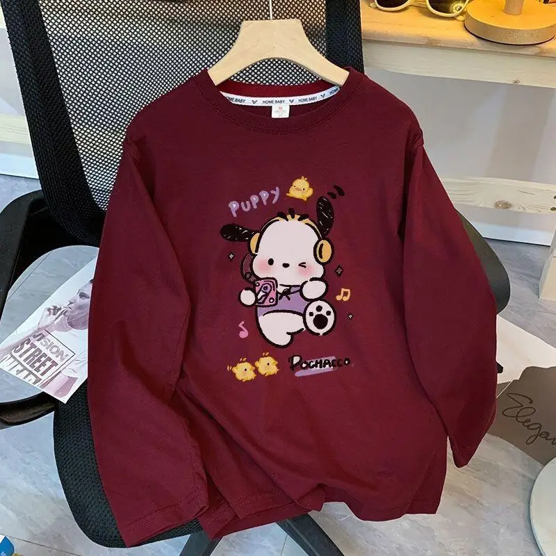 

Sanrio Pochacco women's Long Sleeve T Shirt Pure Cotton High School Casual Layering Top American Style Loose Fit New Autumn