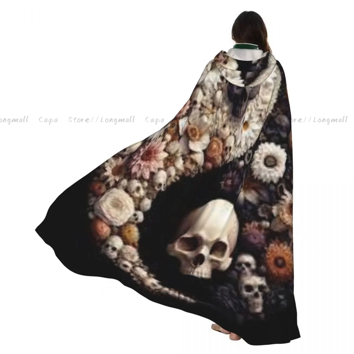 

Взрослый Хэллоуин День мертвых мексиканский череп узор Инь Ян плащ накидка с капюшоном средневековый костюм полная длина платье пальто