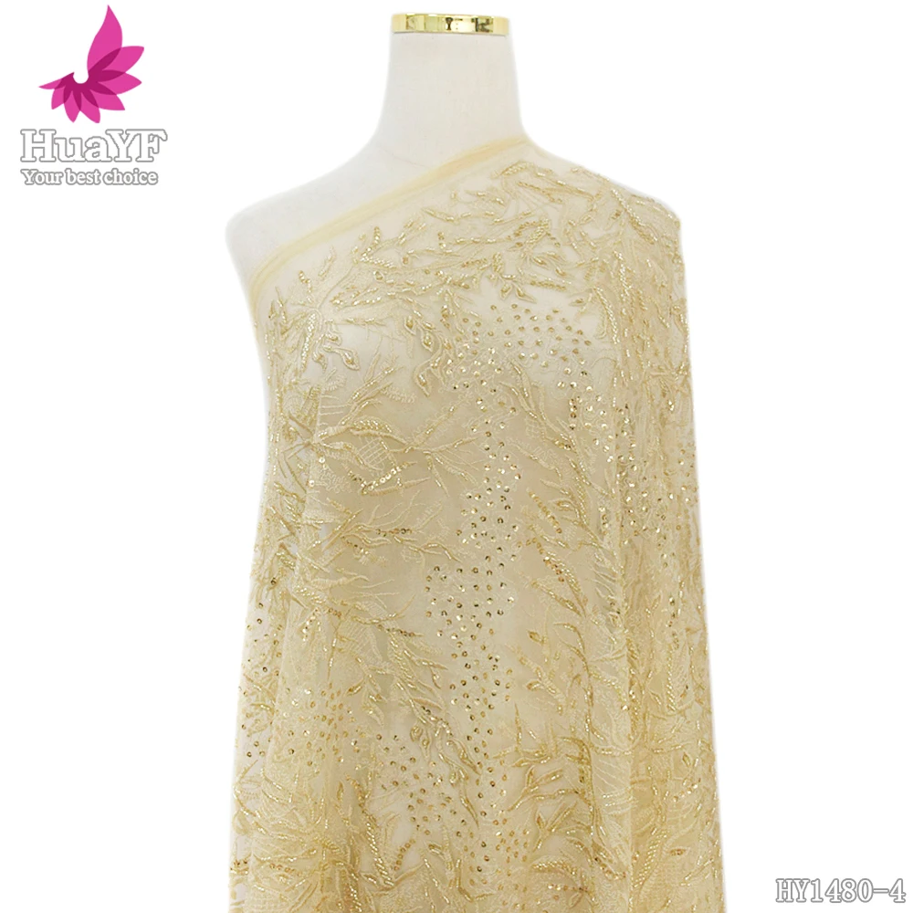 

1 Yard Popular Design Gold Beaded Lace with Sequins Embroidery Tulle Bridal Dress Fabric HY1480-4