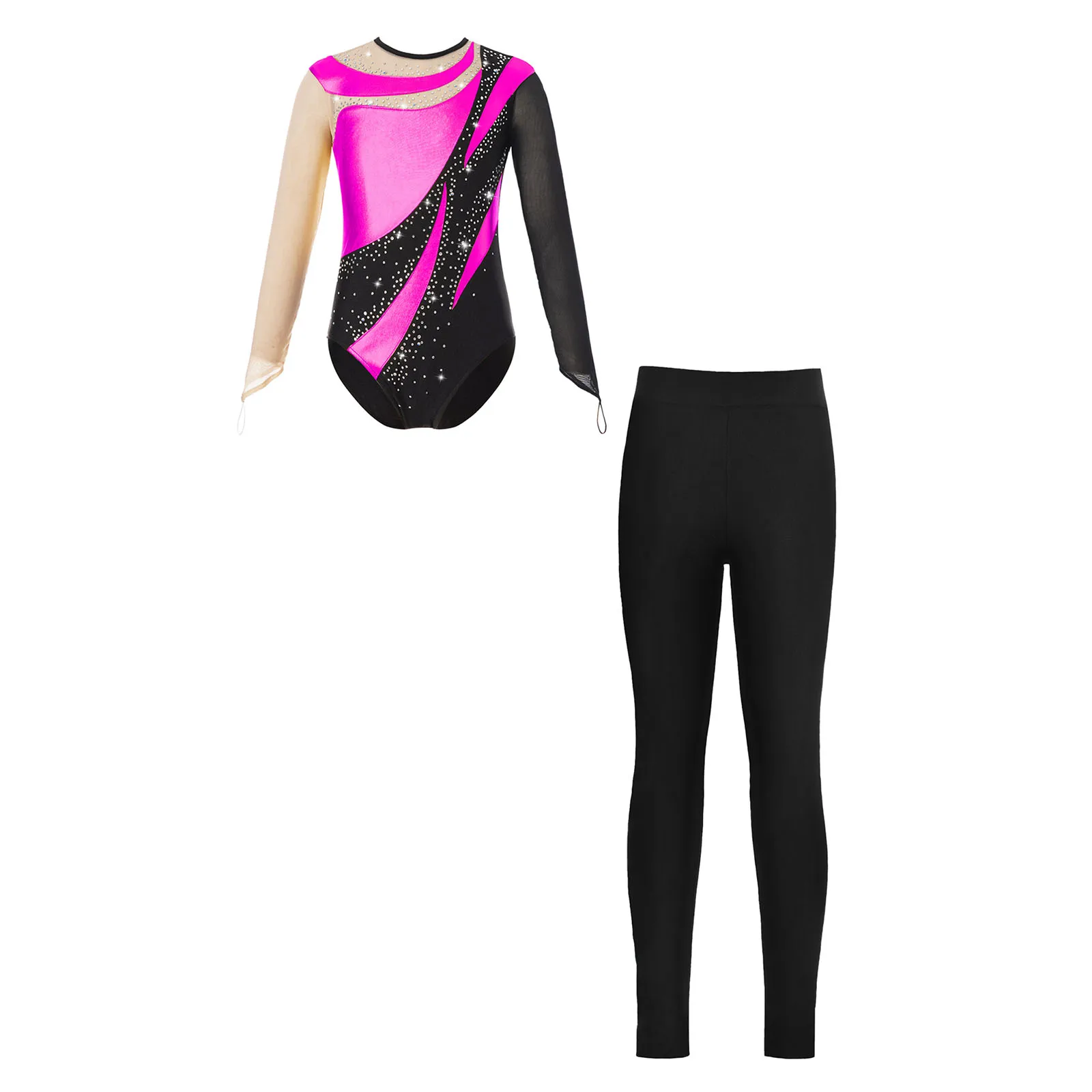 Mono de gimnasia con Leggings para niñas, leotardos de baile de Ballet, conjuntos de ropa de baile, mono de patinaje de manga larga con diamantes de imitación para niños