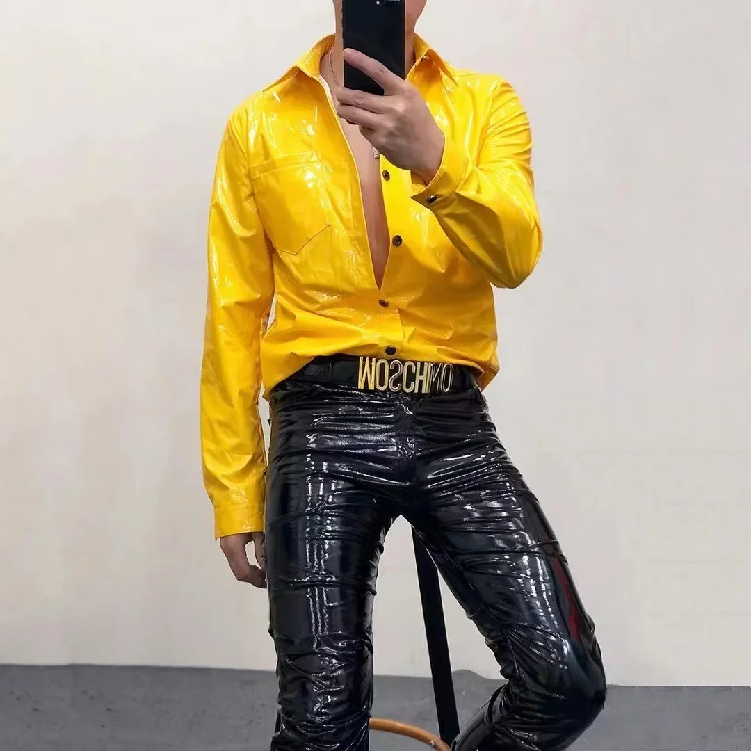 

Shiny Faux Latex Men Long Sleeve Turn-down Collar Shirts Male Casual Solid Color Streetwear Wet Look Slim PU Button Shirt Custom