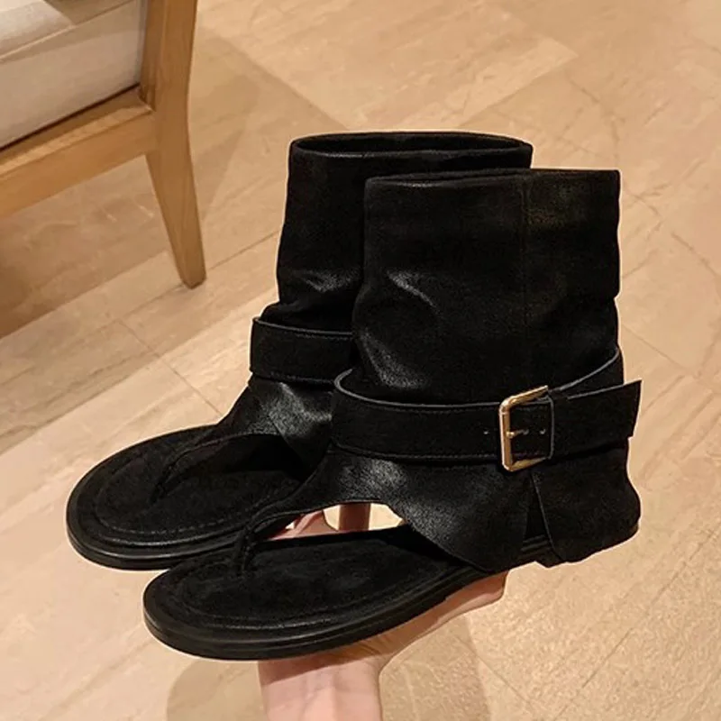 Eilyken Women Clip Toe Ankle Boots Sandals Fashion Square Low Heels Shoes Street Style Buckle Strap Botas Para Mujer