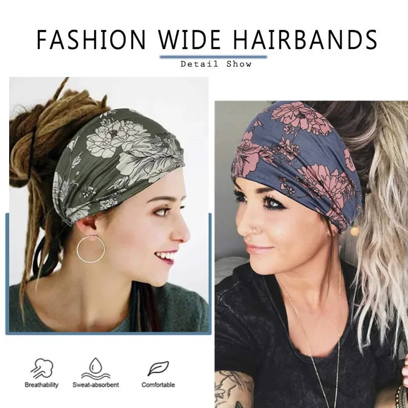 New Boho Flower Print Wide Headbands Vintage Knot Elastic Turban Headwrap for Women Girls Cotton Soft Bandana Hair Accessories