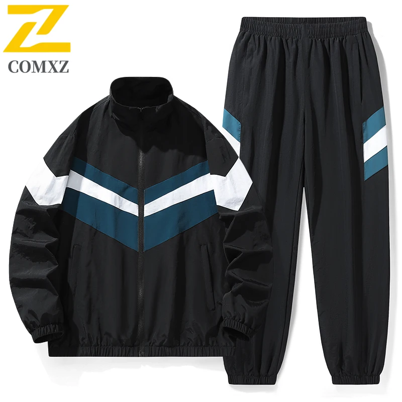 

Comxz Men Tracksuit Retro Color Block Zip Jacket + Pants Sportswear Windbreaker Casual Outfit 2piece Woven Training Set Athletic