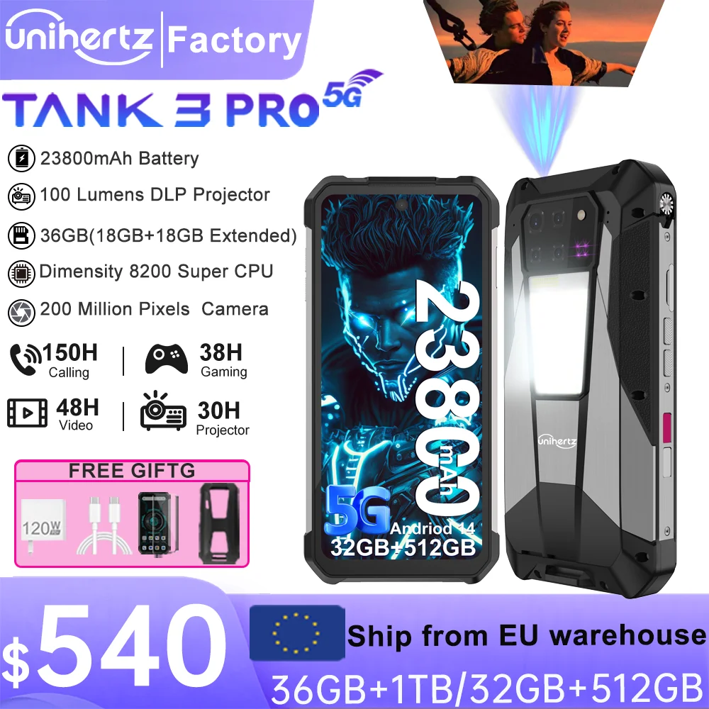 Unihertz 8849 Tank 3 Pro 5G Projector Phone 32GB 36GB RAM 512GB ROM Cell Phone 23800mAh 120W Fast Charger 200MP Camera Dual Sim
