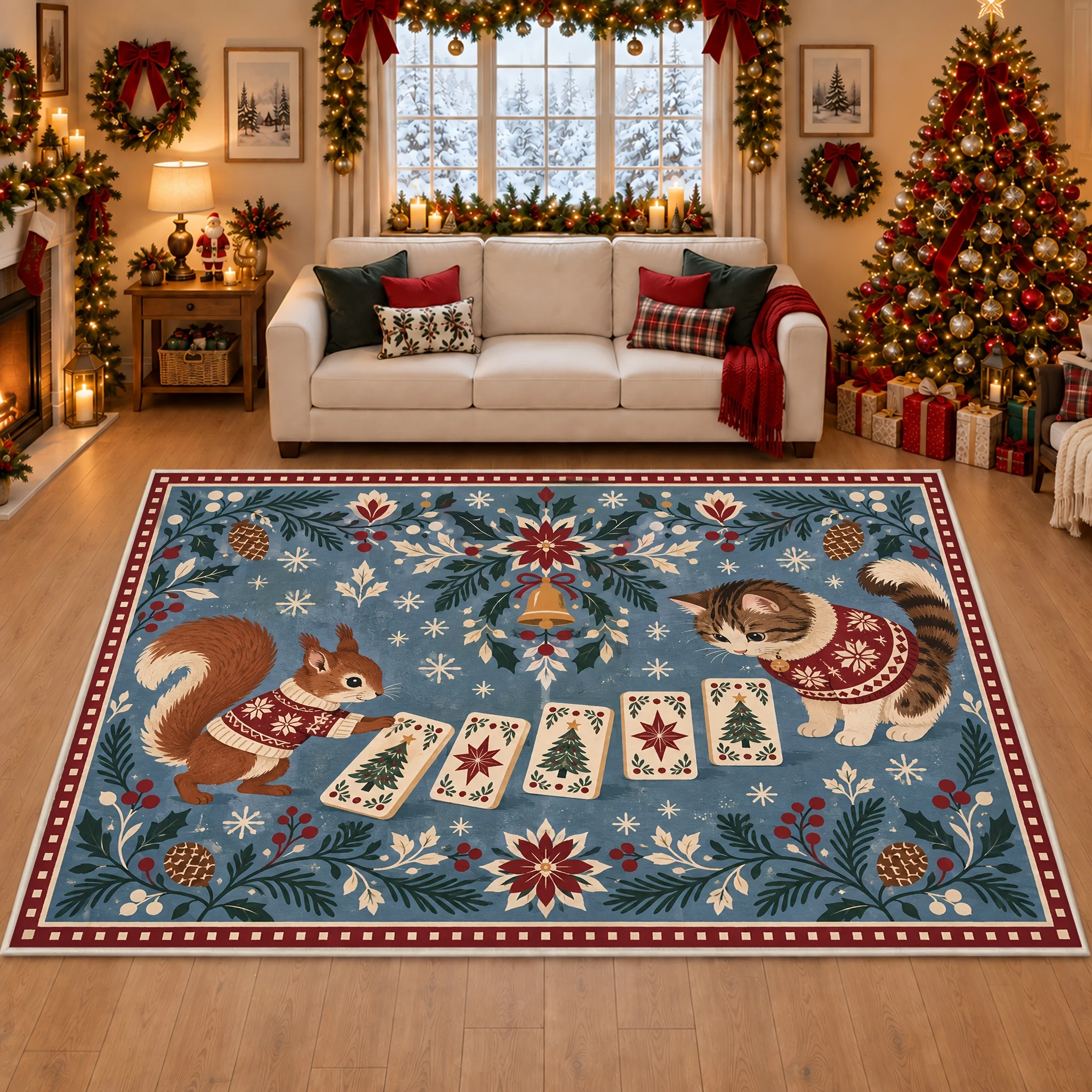 1pc Christmas Cat Squirrel Playing Cards Area Rug, 2D Flat Print, Indoor Floor Mat for Living Room, Xmas Home Decor