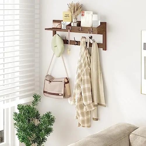 

Brown Solid Wood Wall Shelf With 5 Dual Hooks, 3 Key Rings, And Top Compartment For Entryway Coat, Bag, Mail Storage
