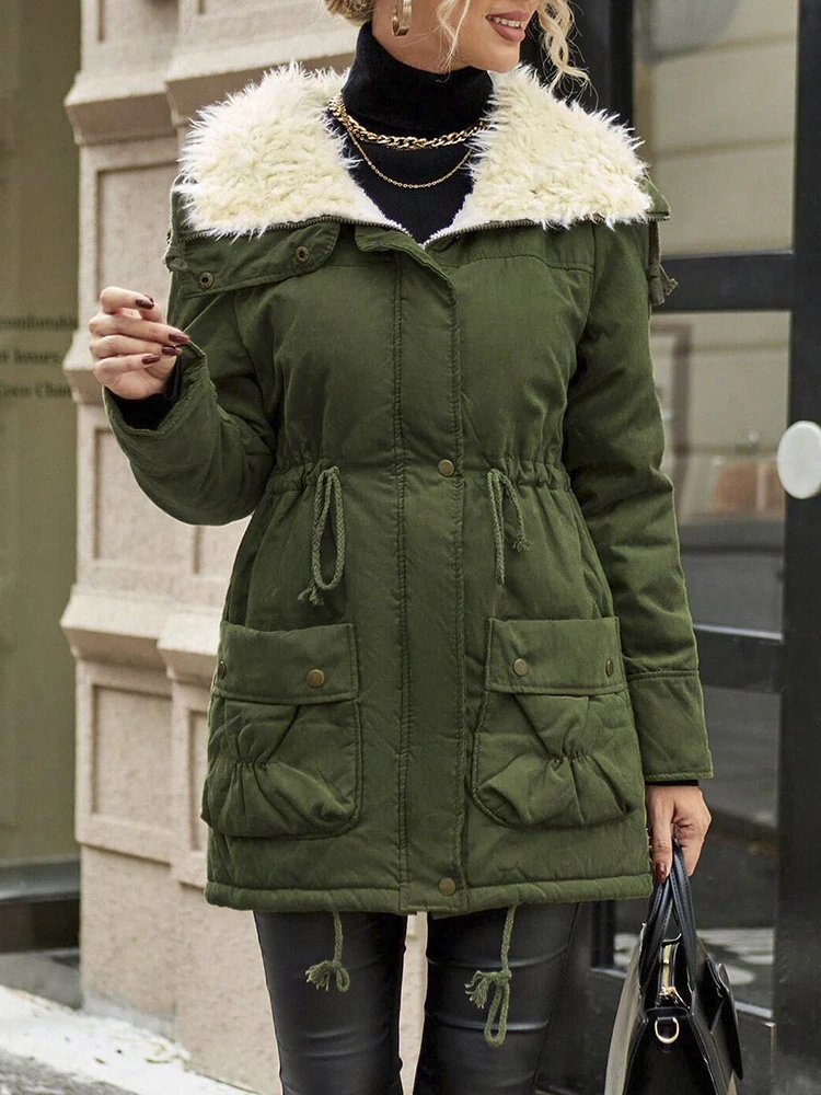 Imitation Lamb Fleece Lined Quilted Padded Coat Women Winter Long Sleeve Mid‑Length  Outerwear Classic Drawstring Zipper Jacket