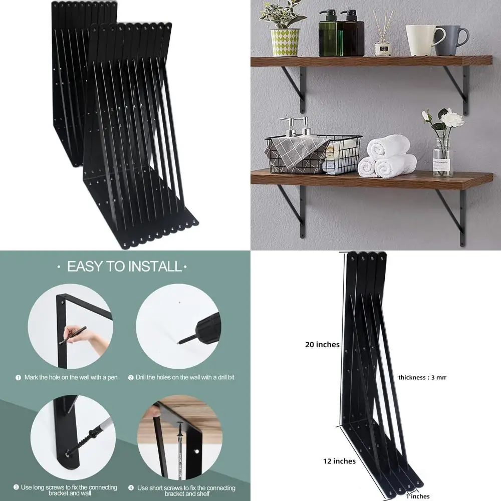 

Heavy Duty Metal Shelf Brackets, 20-Pack, L20 x H12, Black, for Strong Shelf Support and Angle Brackets Installation
