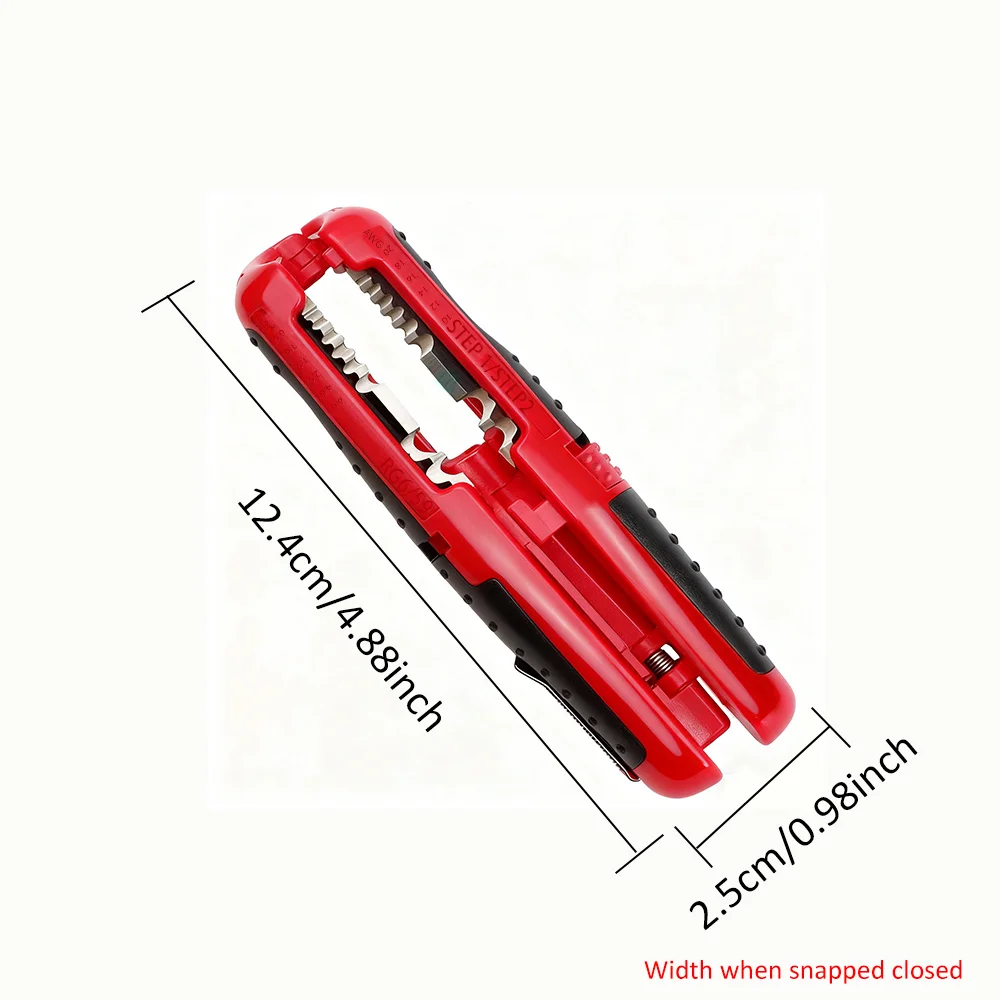 Portable Multifunctional Wire Stripper and Cutter Steel Construction Non Slip Handle Red Black Design with Clip for Easy Carry