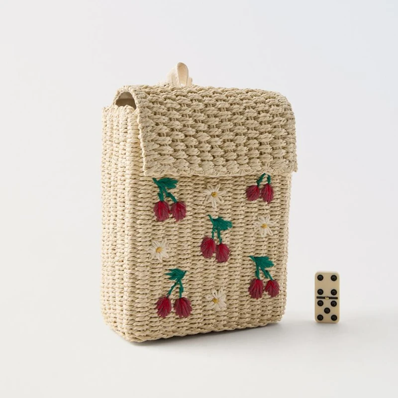 Summer Handwoven Straw Cherry Embroidered Women's Backpack Beach Casual Style Single Strap Magnetic Closure Children's Bookbag