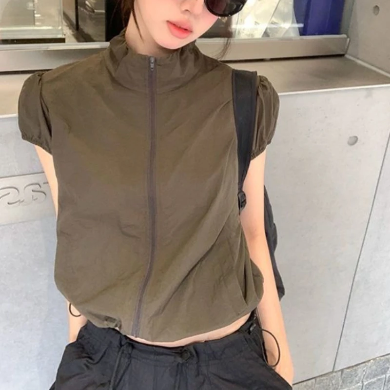 Half-high Collar Korea Chic Zip T-shirt Casual Short Premium Slim Women Clothing Minority Simple Office Lady Moda Shirts
