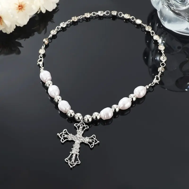 1pcs Faux White Gold-color Necklace Hip Hop Punk Cross Pendant Handmade Wear Faux Pearls Colla 