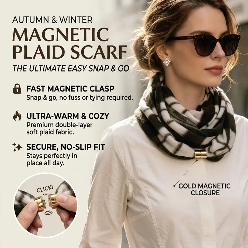 Winter Women Checkered Magnetic Closure Neck Gaiter Classic Plaid No Tie Warm Neck Cover Scarf Fashion Daily Wear Outdoor Gift