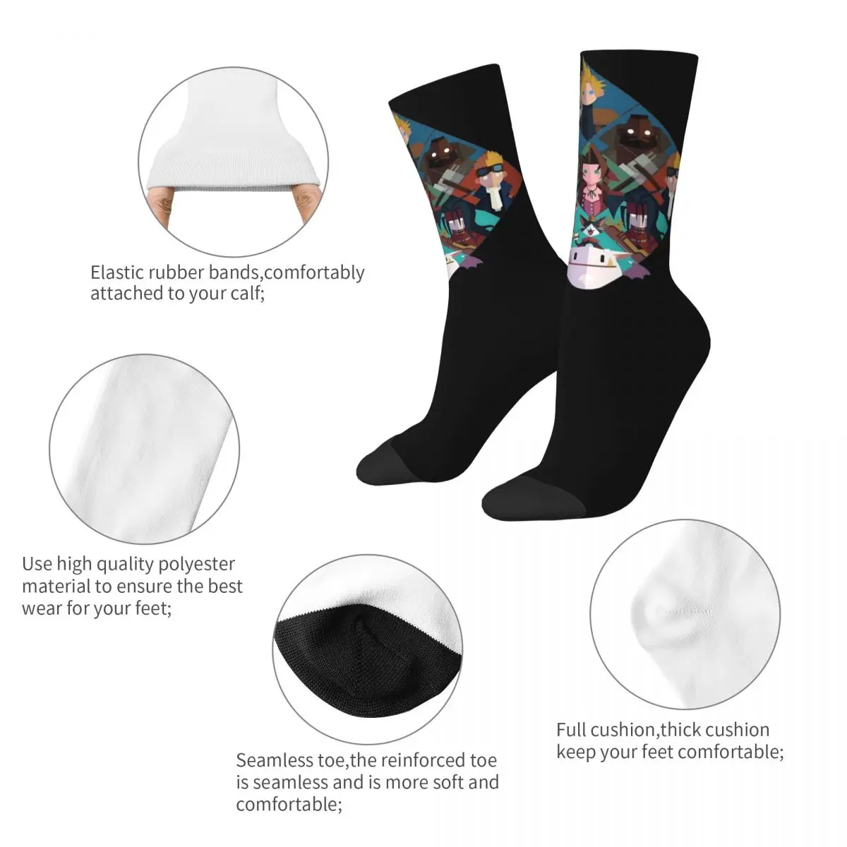 Casual Final Fantasy VII Character Cartoon Design Theme Print Crew Socks Merch All Seasons Funny Games Soft Middle Tube Socks