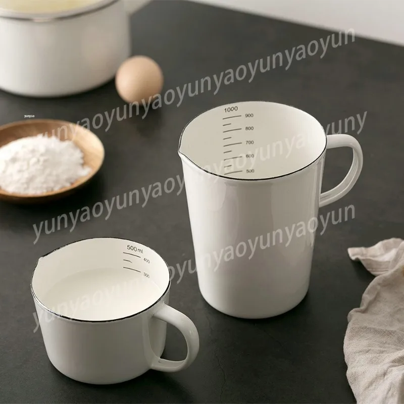 500/1000ML Enamel Baking Measuring Cup Heat Resistant Milk Jug Scale Cup Kitchen Enamel Cup Cooking Gas Induction Cooker Oven