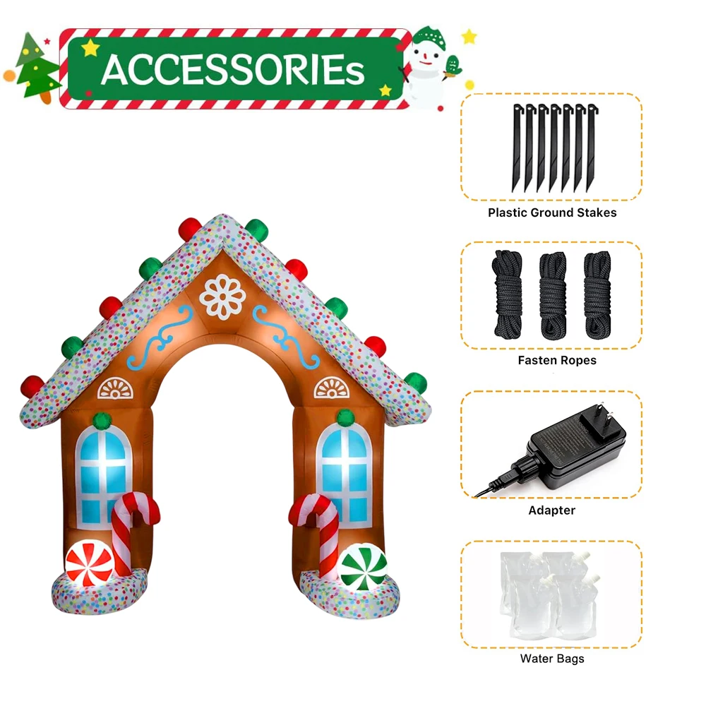 Maison gonflable de pain d'épice de noël avec lumières LED, arc de bonbons gonflable pour cour extérieure, décoration de fête de vacances sur pelouse