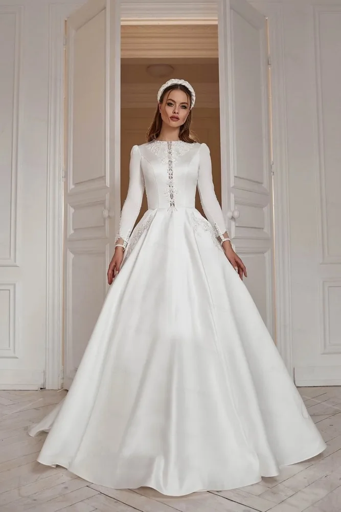 

Elegant White Muslim Wedding Dress Applique Beading Pleated Bridal Gowns A Line Long Sleeve Customized Vestidos De Novia