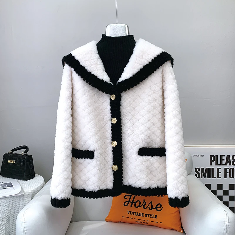 Donna ragazza pelliccia di lana di agnello cappotto con colletto blu Navy donna signora Shearling giacca corta invernale cappotto caldo JT3236