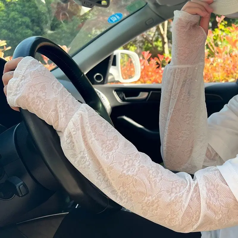 Subtle Jacquard Arm Sleeves Women Ice Silk UV Protection Loose Fit Cooling Sun Breathable Travel Driving Breathable Oversleeves