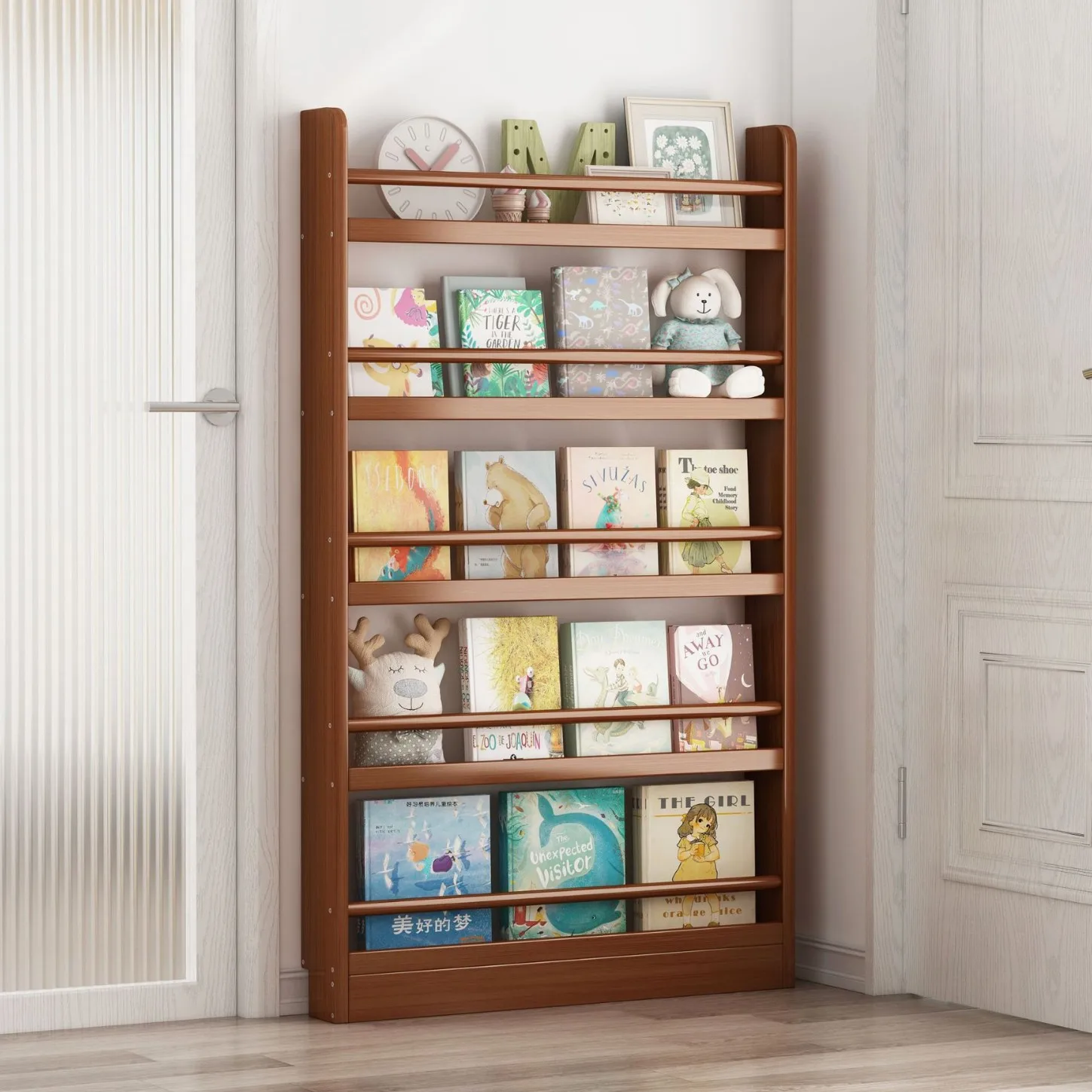 Bookshelf behind the door Floor shelf Storage Solid wood narrow slot Children's picture book reading Ultra-thin gap Wall shelf