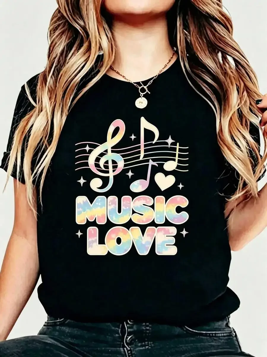 Women's Crew Neck Short Sleeve Graphic T-Shirt Music Love Note Printed Summer Casual Wear Gift for Music Lover Women Stylish Top