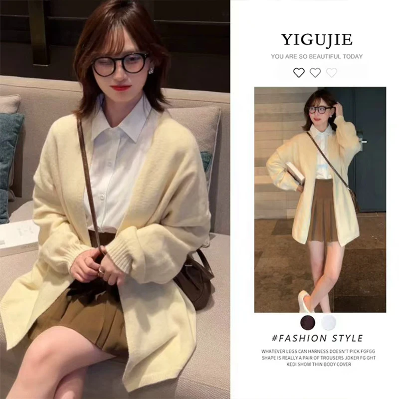 

Soft Cozy Knitted Open Cardigan Women's Autumn Lazy Loose Age-Reducing irt Pleated Skirt Tee-Piece Set College Sle