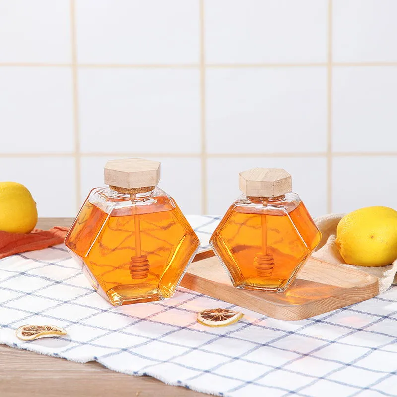 220ML/380ML Transparent Glass Hexagon Honey Jar Mini Small Sealed Storage Bottle With Wooden Stick Spoon Kitchen Tools