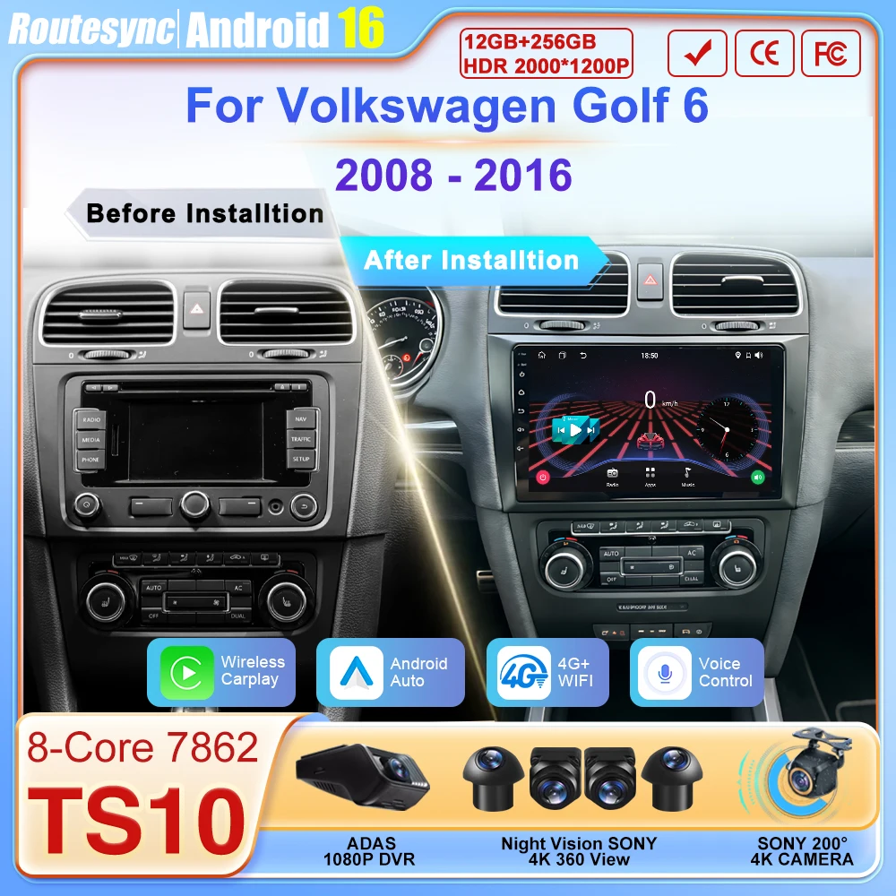 

Android 16 Auto For Volkswagen Golf 6 2008- 2016 Car Multimedia Video Player Car Radio Touch Screen GPS Navigation 5G Wifi DSP