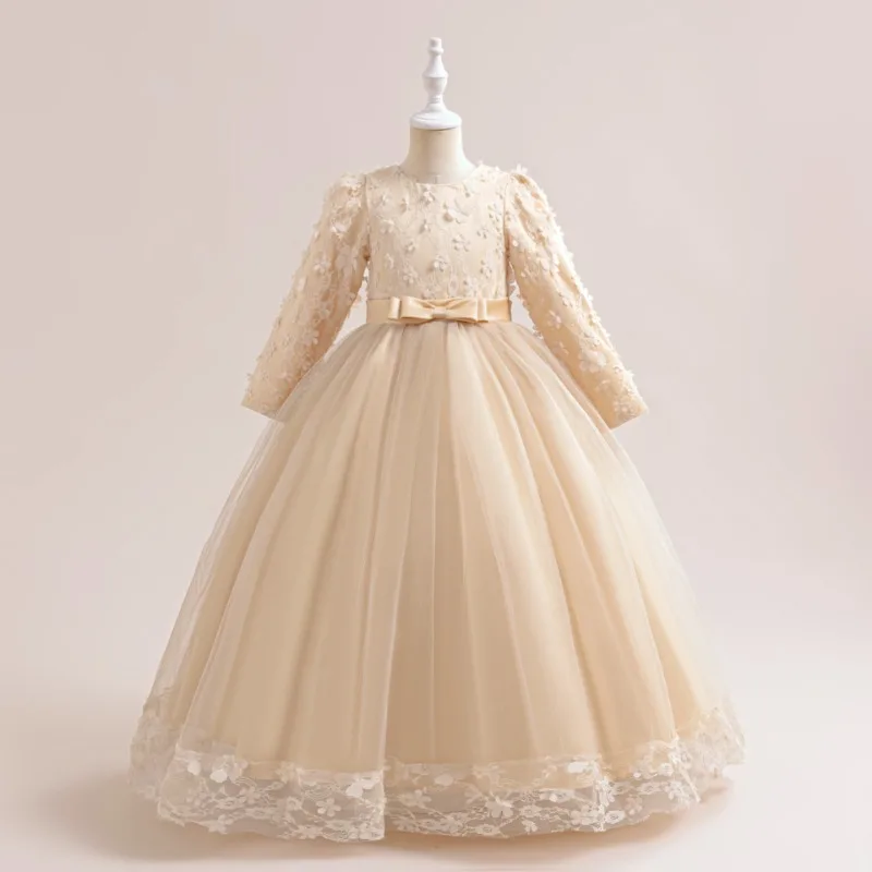 Robe de princesse européenne et américaine, robe de soirée pour petite fille, robe de mariée à manches longues