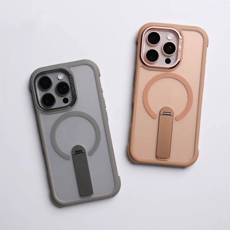 

Magnetic Metal KickStand MagSafe Phone Case for iPhone 16 pro max 15 Pro 14 13 Translucent Wireless Charging Soft edge PC Cover