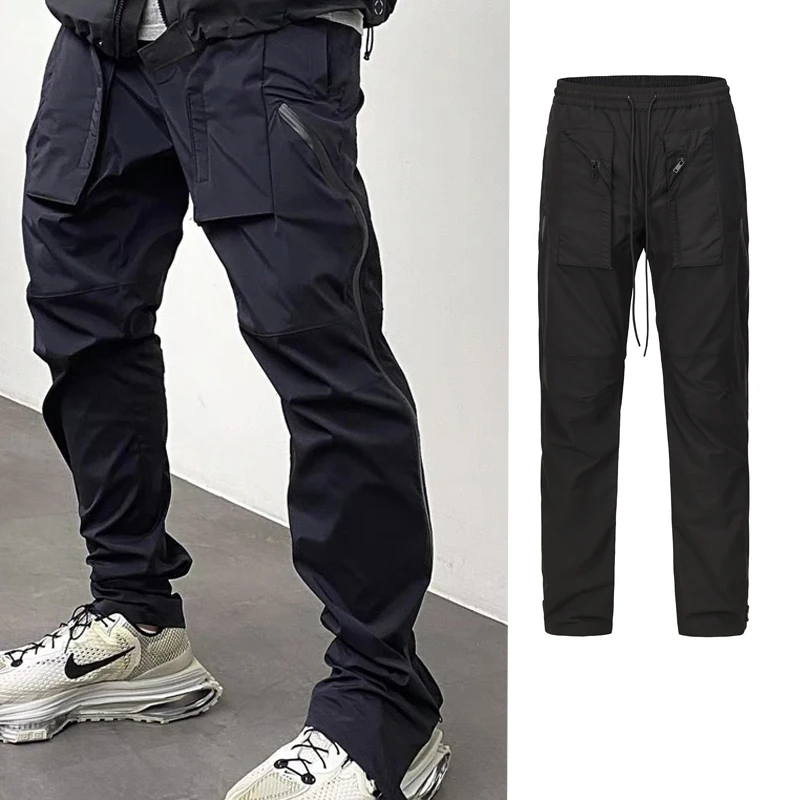 

VFIVE UNFOUR Hipster Style Side Zipper Drawstring Waterproof Cargo Pants Mens Harajuku Streetwear Black Baggy Casual Trousers