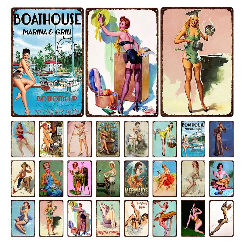 Iron Painting Elegant Pin Up Girl Retro Posters Tin Sign Metal Sign Decor Wall Women Portrait Bar Pub Club Man Cave Pictures